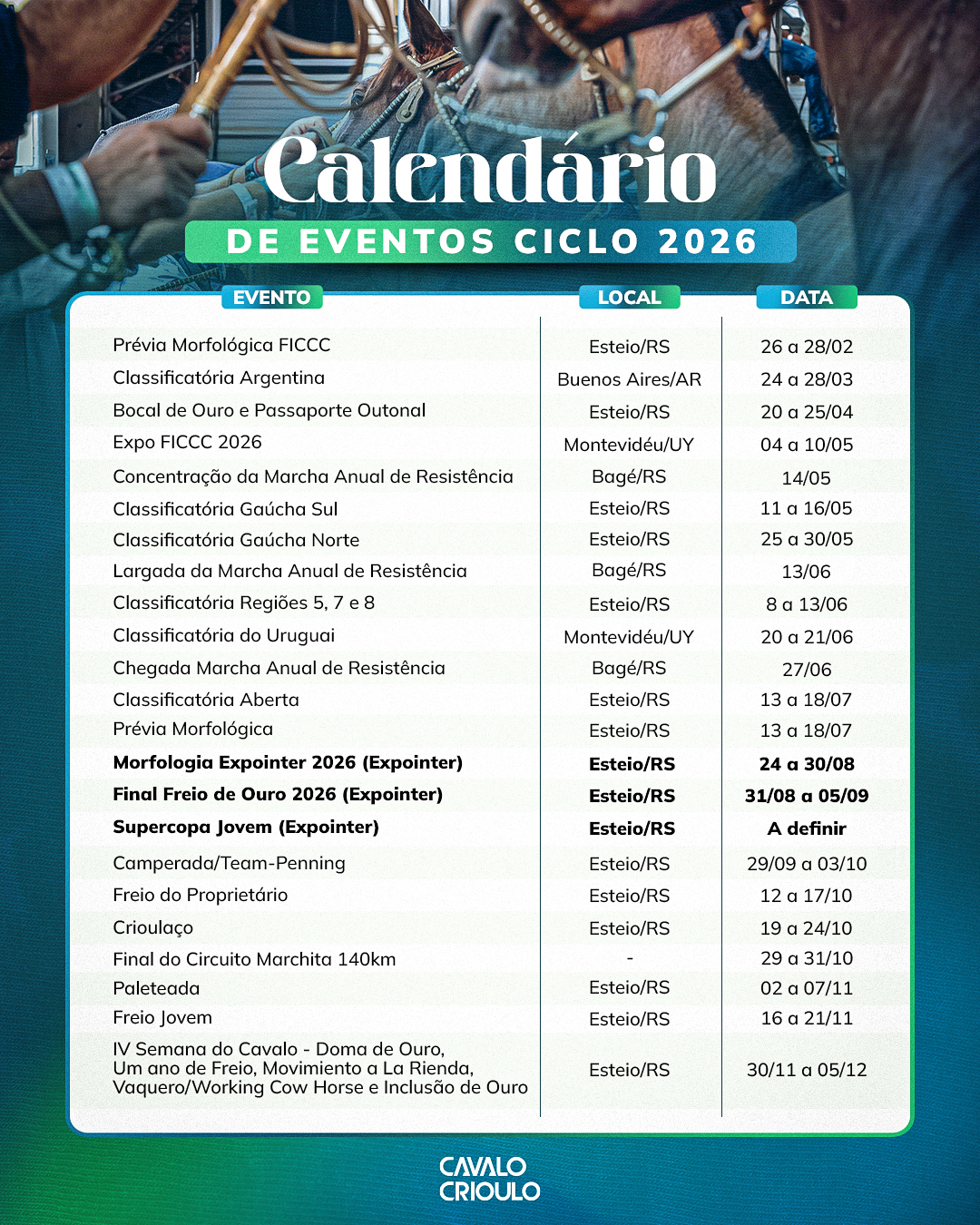 Calendário 2026 do cavalo crioulo